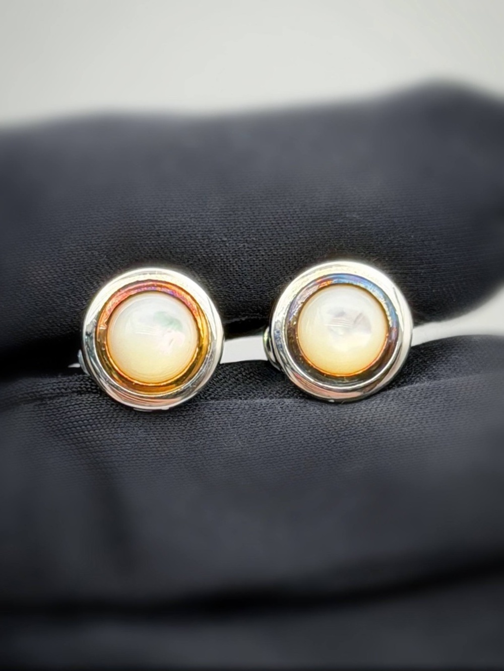 Vintage Oxidized 925 Sterling Silver & 14k Yellow Gold Moonstone Unisex Mini Cuf